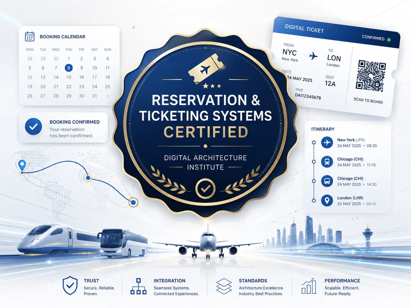 Sello Reservation & Ticketing Systems Certified rodeado de mockups de calendario de reservas, ticket digital con QR e itinerario de viaje.
